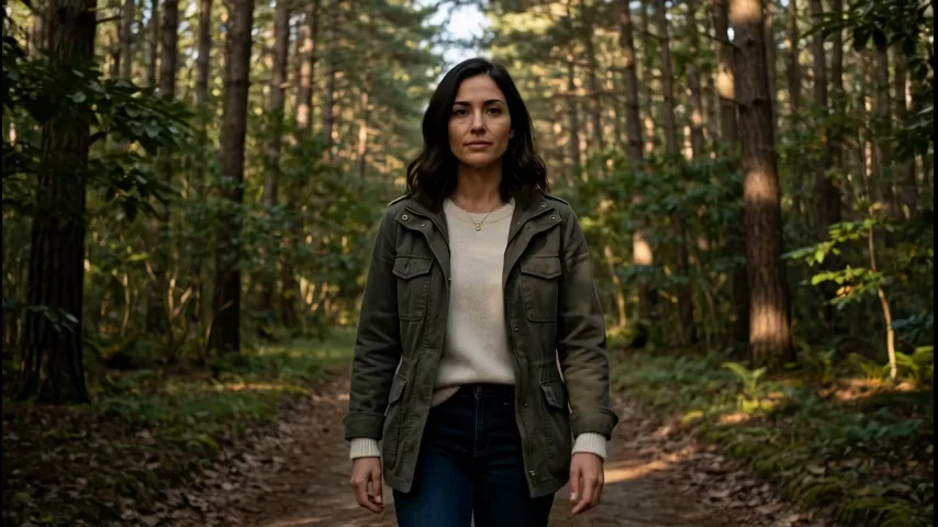 The same character walking along the forest path