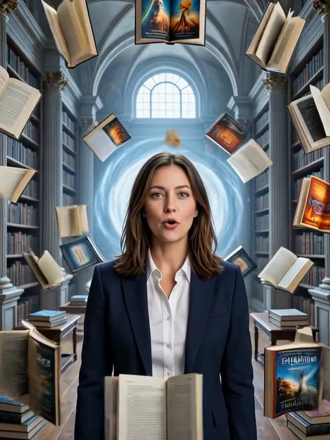 A presenter surrounded by floating books in a sunlit library