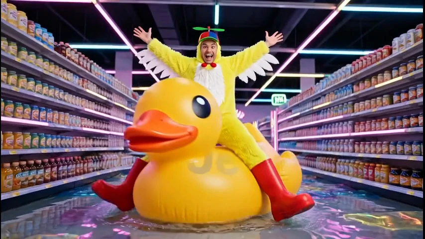 A colorful Jetra ad with a giant yellow duck in a neon supermarket