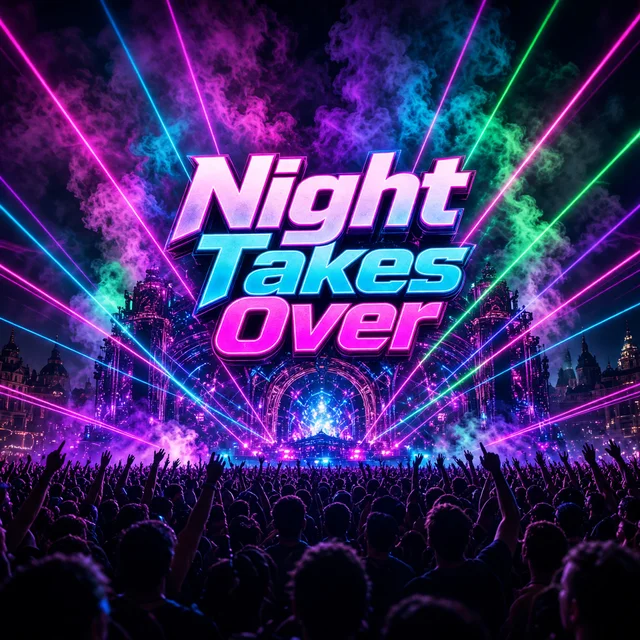 Night Takes Over, neon EDM cover artwork with festival lights