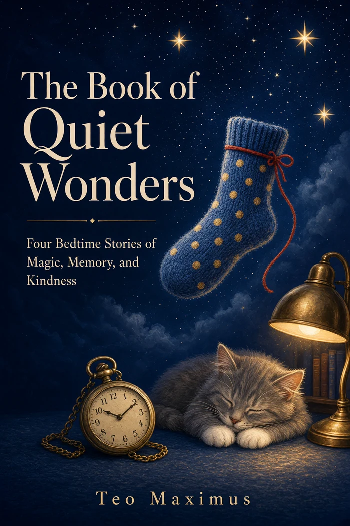 The Book of Quiet Wonders by Teo Maximus, an illustrated blue and gold cover