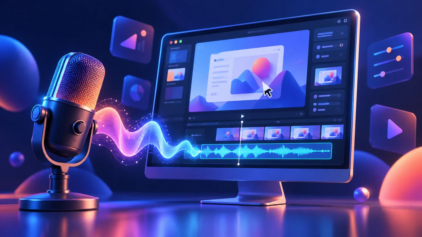 A studio microphone beside a screen recording and audio waveform